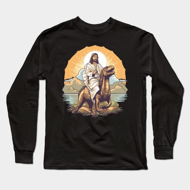 Jesus Christ on a Velociraptor Funny Dinosaur Meme Long Sleeve T-Shirt by DanielLiamGill